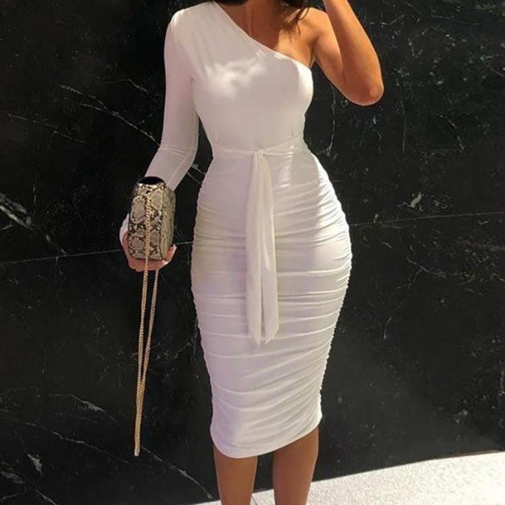 One Shoulder Ruched Design Bodycon Dress